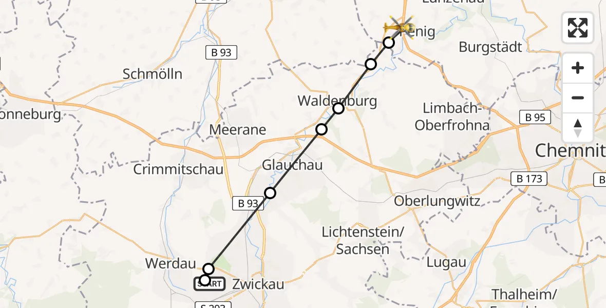 Flugroute Rettungshubschrauber ADAC Air Rescue Station Zwickau Hubschrauberlandeplatz - Penig, 24 August 2026, 14:55