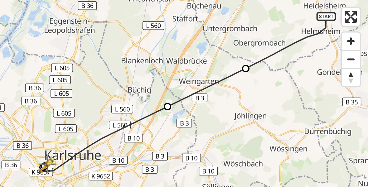 Flugroute Ambulanzhubschrauber Bruchsal - Sankt Vincentius Hospital, 24 August 2026, 14:57
