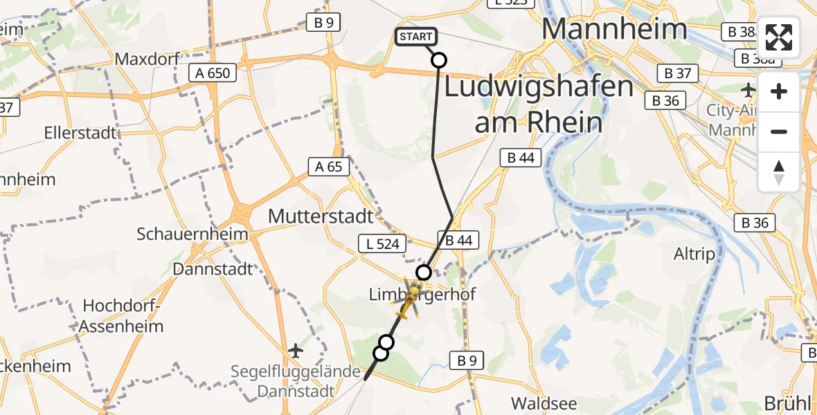 Flugroute Rettungshubschrauber Ludwigshafen Accident Hospital - Limburgerhof, 24 August 2026, 15:00