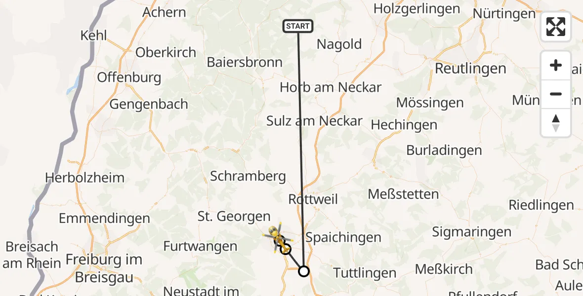 Flugroute Ambulanzhubschrauber Altensteig - DRF Air Rescue Station Villingen-Schwenningen Hubschrauberlandeplatz (Christoph 11), 24 August 2026, 15:02