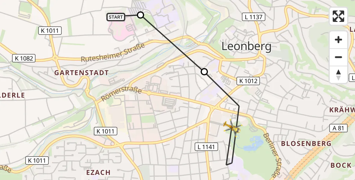 Flugroute Rettungshubschrauber Leonberg Hospital - Leonberg, 24 August 2026, 15:02