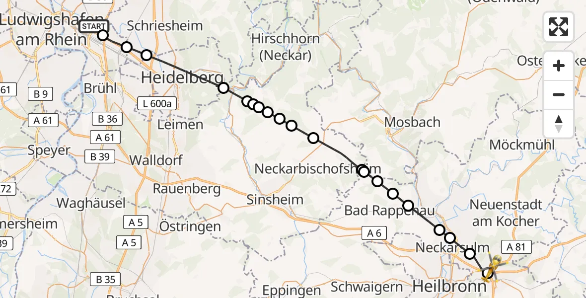 Flugroute Rettungshubschrauber Mannheim-City Flughafen - Weinsberg, 24 August 2026, 15:08