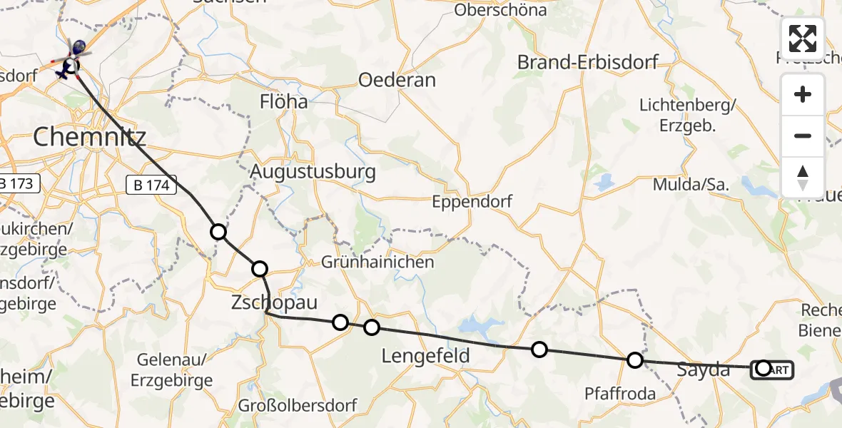 Flugroute Polizeihubschrauber Neuhausen/Erzgeb. - Chemnitz-Glösa Industrial Park Hubschrauberlandeplatz, 24 August 2026, 15:17