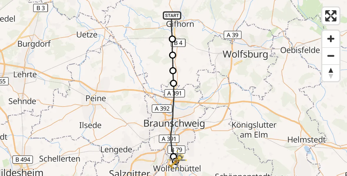 Flugroute Rettungshubschrauber Gifhorn - Wolfenbüttel Municipal Hospital Heliport (Christoph 30), 24 August 2026, 15:19