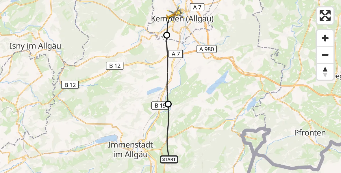 Flugroute Rettungshubschrauber Rettenberg - Kempten (Allgäu), 24 August 2026, 15:25