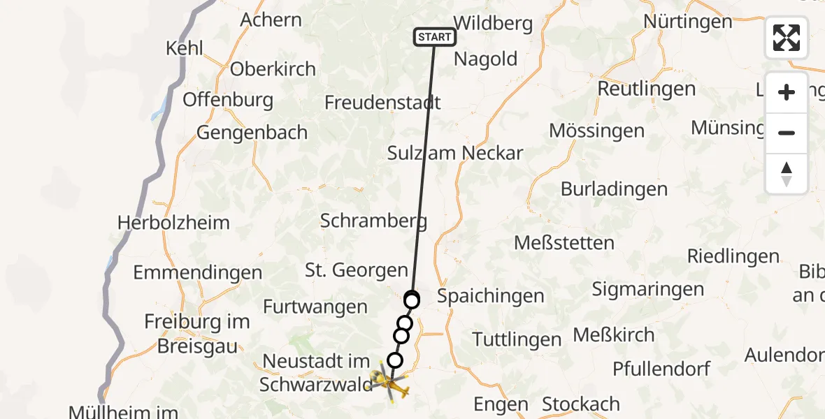 Flugroute Ambulanzhubschrauber Altensteig - Bräunlingen, 24 August 2026, 15:25