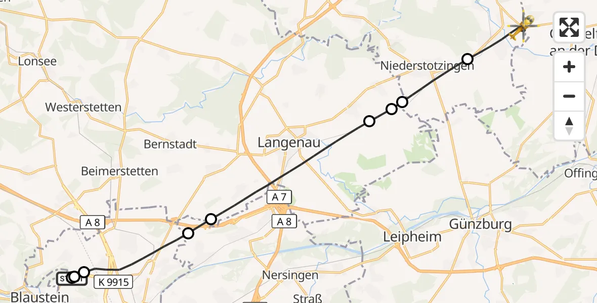 Flugroute Rettungshubschrauber Ulm Military Hospital Emergency - Sontheim an der Brenz, 24 August 2026, 15:27