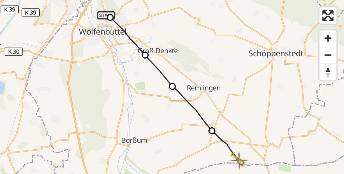 Flugroute Rettungshubschrauber Wolfenbüttel Municipal Hospital Heliport (Christoph 30) - Hedeper, 24 August 2026, 15:36