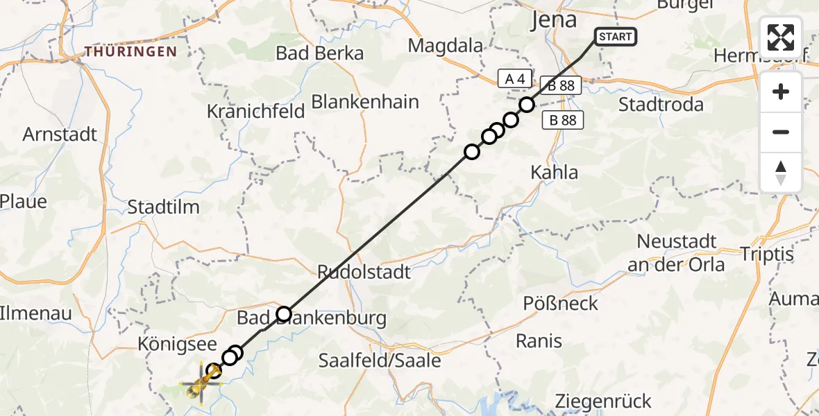 Flugroute Rettungshubschrauber Jena - Königsee, 24 August 2026, 15:37
