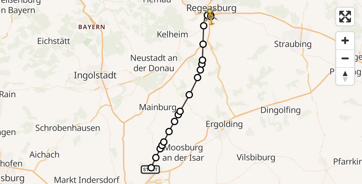 Flugroute Rettungshubschrauber Freising Clinic Hubschrauberlandeplatz - DRF Air Rescue Station Regensburg / Regensburg University Hospital, 24 August 2026, 15:41