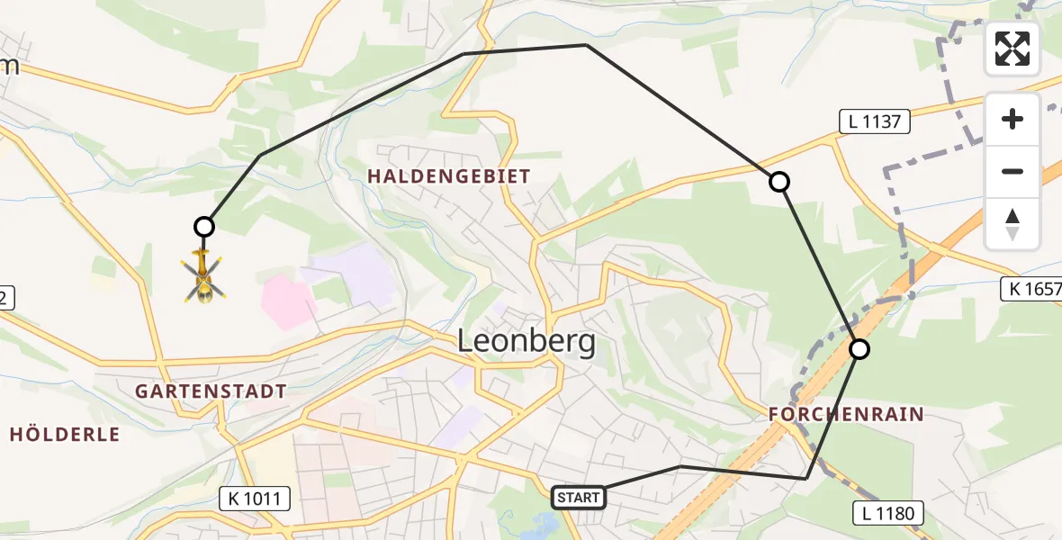 Flugroute Rettungshubschrauber Leonberg - Leonberg Hospital Hubschrauberlandeplatz, 24 August 2026, 15:45