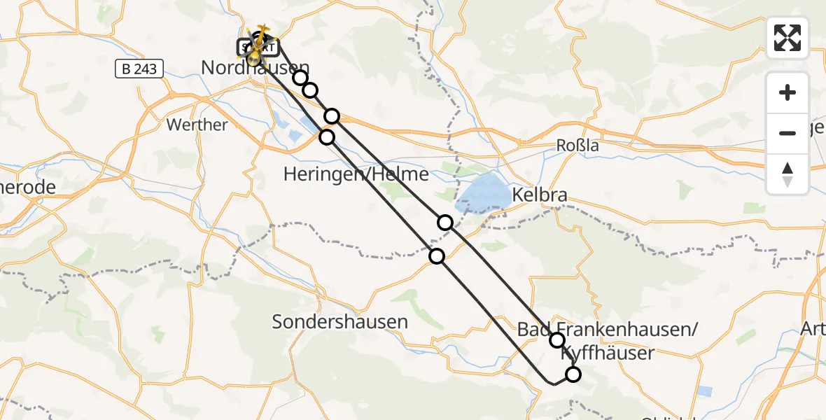 Flugroute Rettungshubschrauber Südharz Hospital Nordhausen - Südharz Hospital Nordhausen, 24 August 2026, 15:47