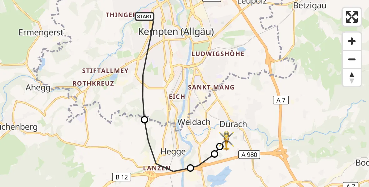 Flugroute Rettungshubschrauber Kempten (Allgäu) - Kempten-Durach Flugplatz, 24 August 2026, 15:49