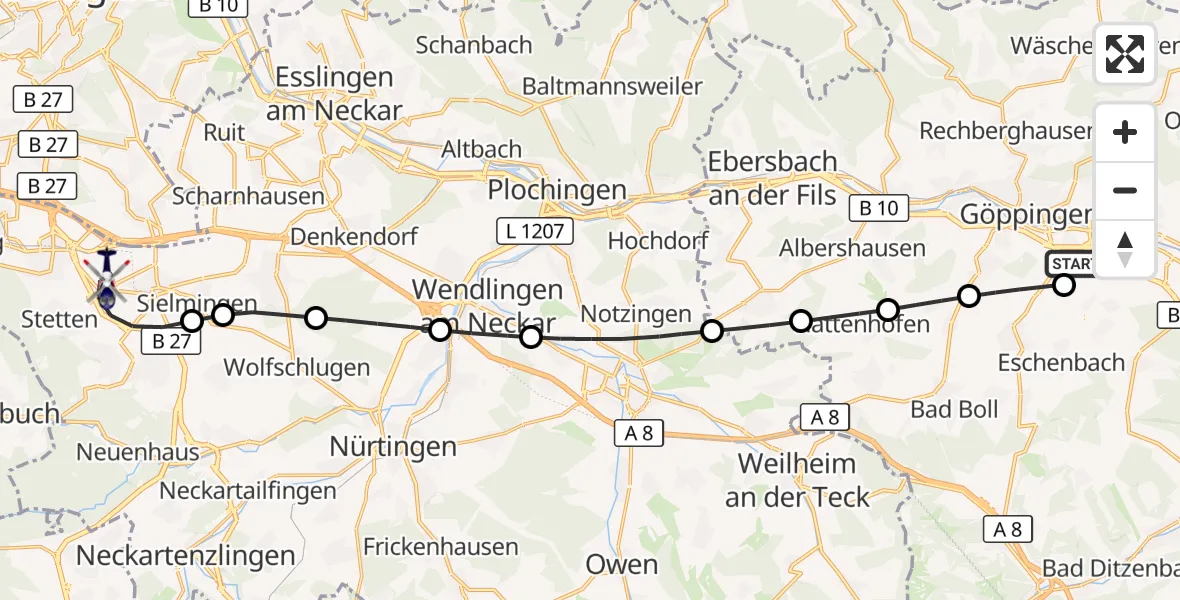 Flugroute Polizeihubschrauber Göppingen - Flughafen Stuttgart, 24 August 2026, 16:03