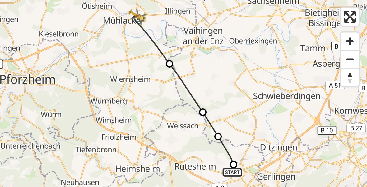 Flugroute Rettungshubschrauber Leonberg Hospital - Mühlacker, 24 August 2026, 16:03