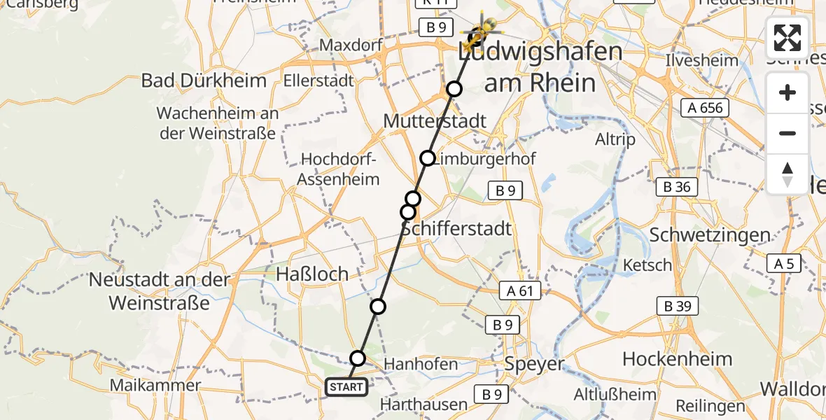 Flugroute Rettungshubschrauber Neustadt an der Weinstraße - Ludwigshafen Accident Hospital, 24 August 2026, 16:08