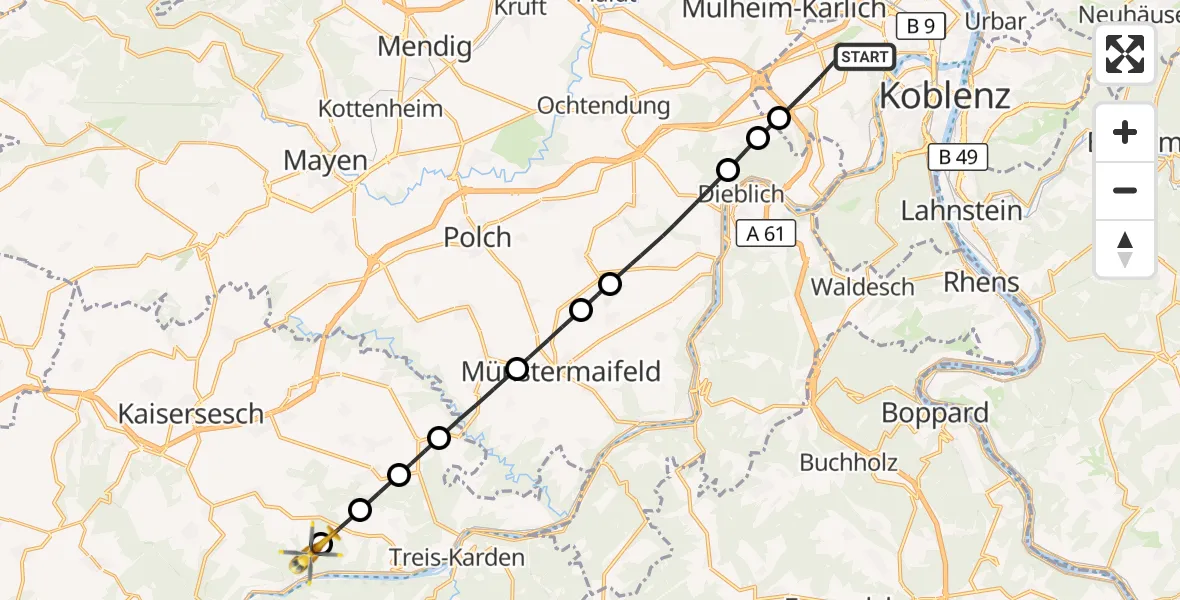 Flugroute Rettungshubschrauber Koblenz - Klotten, 24 August 2026, 16:09