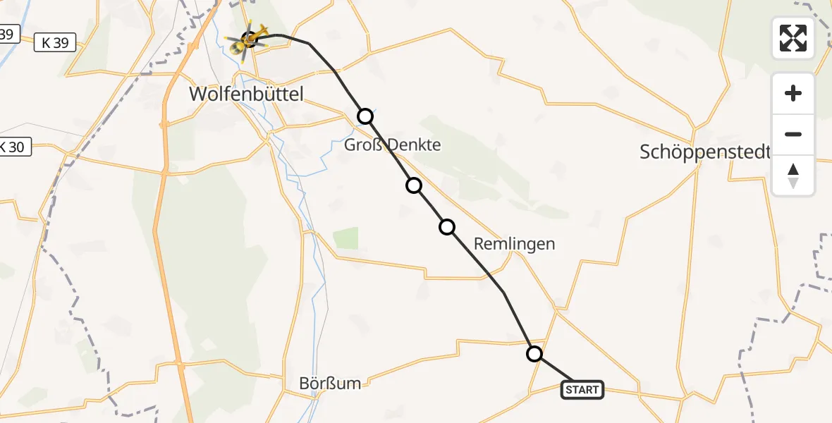 Flugroute Rettungshubschrauber Hedeper - Wolfenbüttel Municipal Hospital Heliport (Christoph 30), 24 August 2026, 16:17