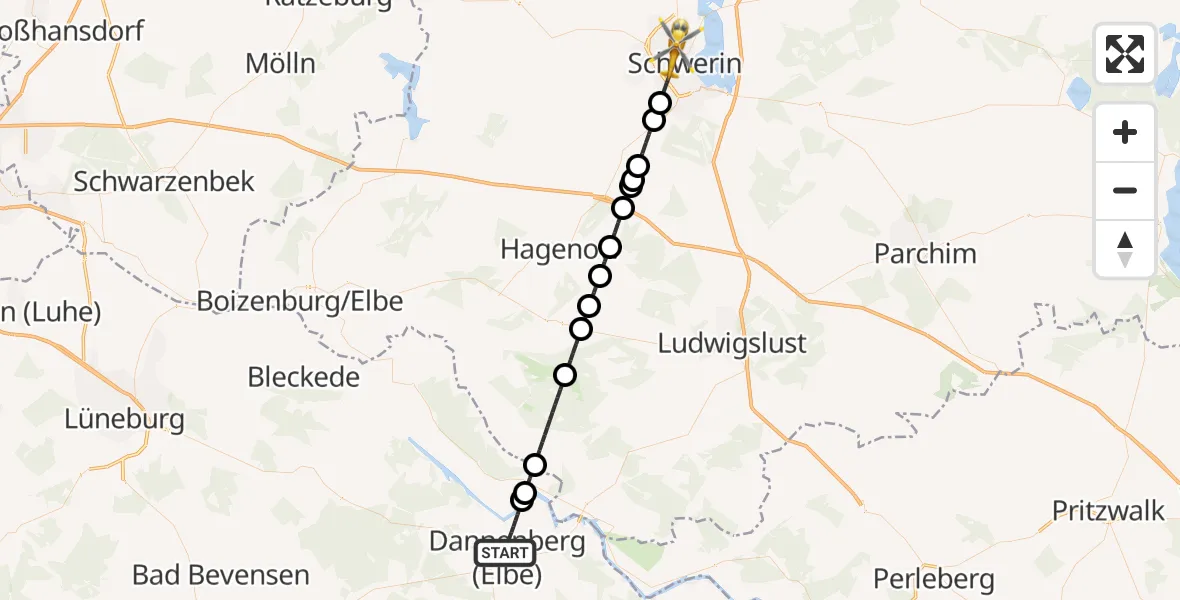 Flugroute Rettungshubschrauber Dannenberg (Elbe) - Schwerin, 24 August 2026, 16:18