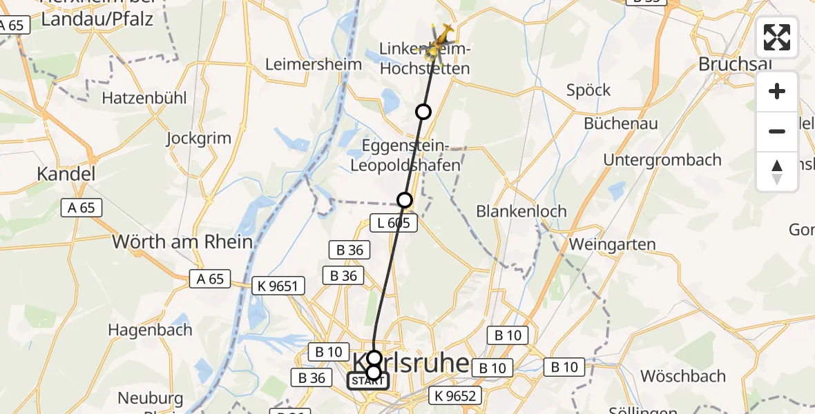 Flugroute Ambulanzhubschrauber Sankt Vincentius Hospital - Linkenheim-Hochstetten, 24 August 2026, 16:21