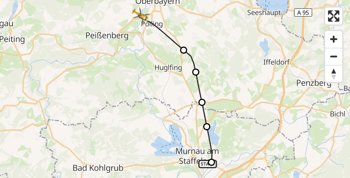 Flugroute Rettungshubschrauber Murnau Accident Hospital - Polling, 24 August 2026, 16:32