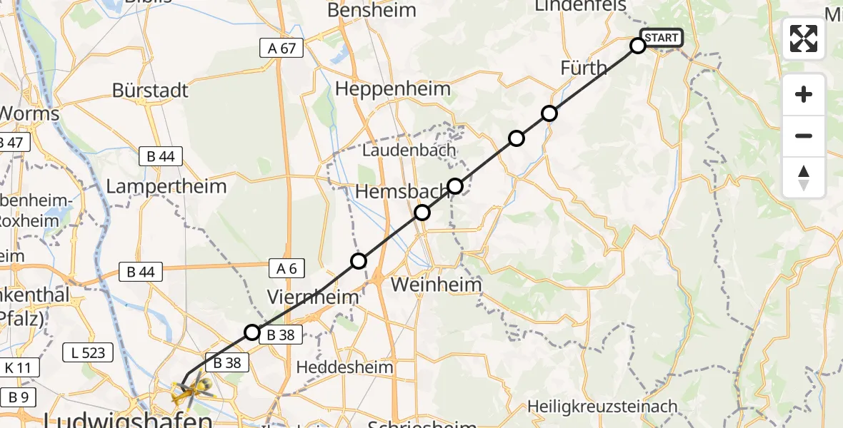 Flugroute Rettungshubschrauber Reichelsheim (Odenwald) - Mannheim, 24 August 2026, 16:33