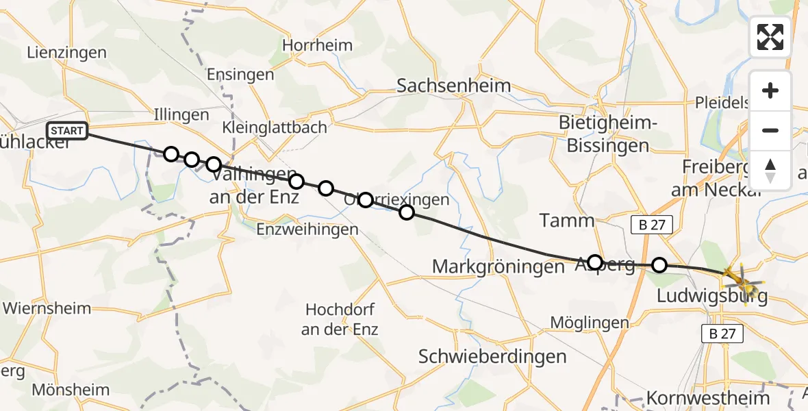Flugroute Rettungshubschrauber Mühlacker - Ludwigsburg, 24 August 2026, 16:39