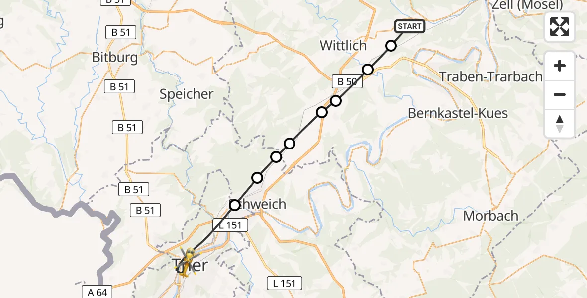 Flugroute Rettungshubschrauber Bausendorf - Trier, 24 August 2026, 16:42