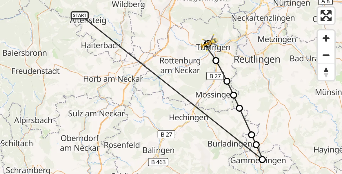 Flugroute Ambulanzhubschrauber Altensteig - Tübingen University Hospital, 24 August 2026, 16:43