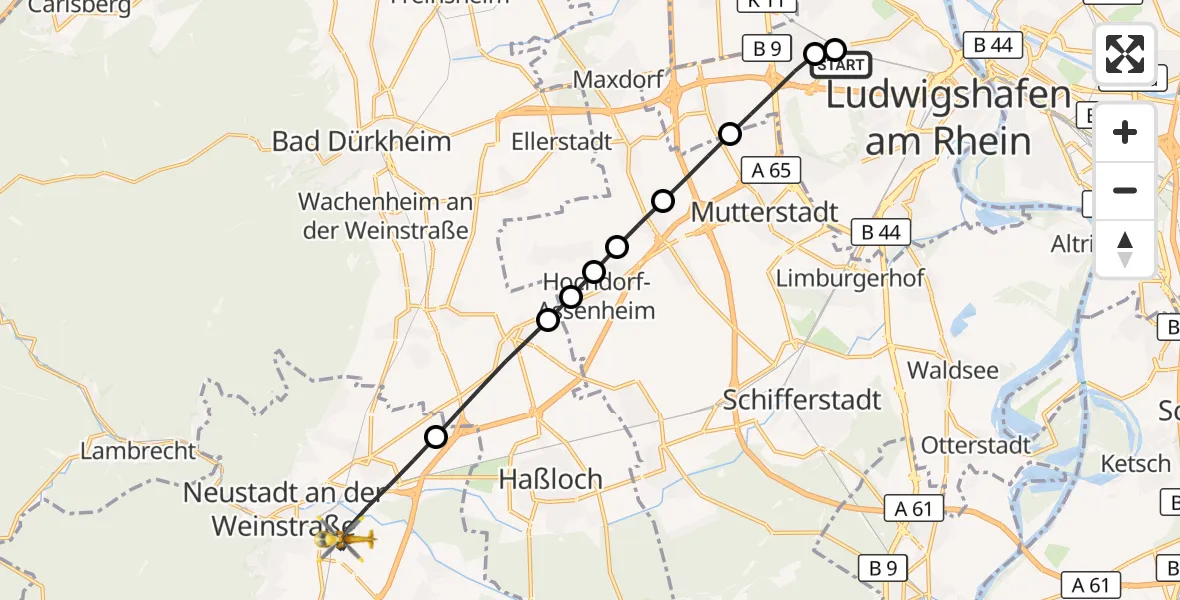 Flugroute Rettungshubschrauber Ludwigshafen Accident Hospital - Neustadt an der Weinstraße, 24 August 2026, 16:45