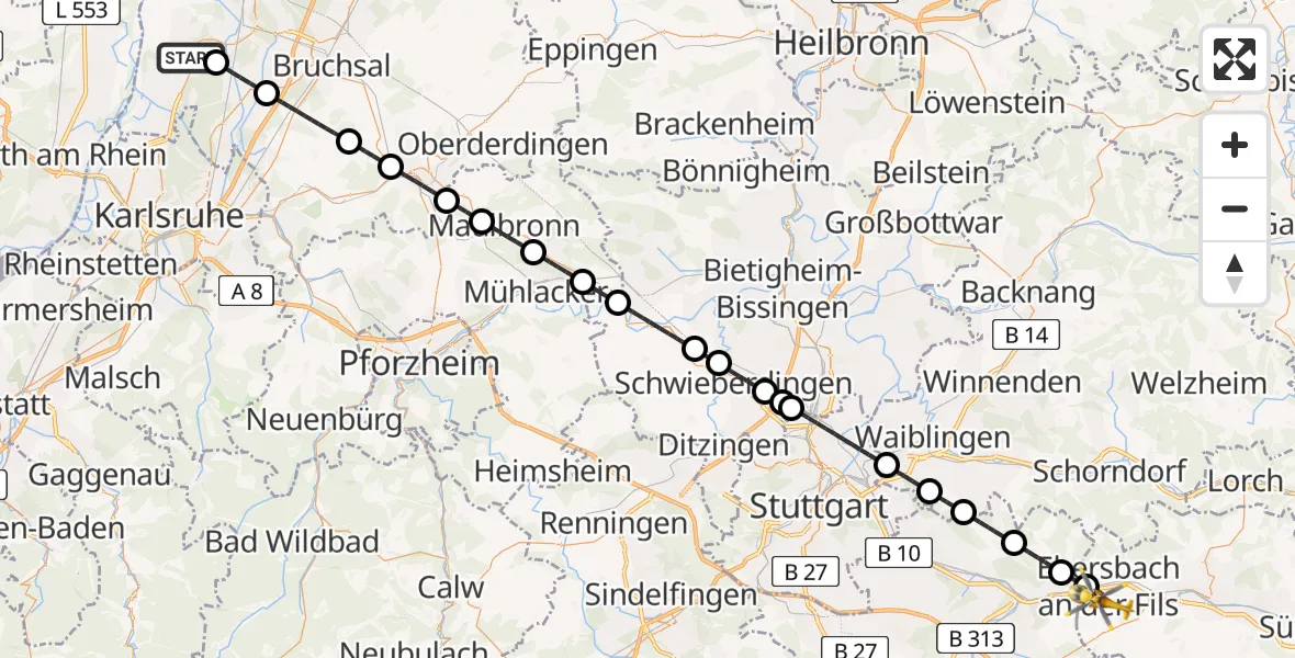 Flugroute Ambulanzhubschrauber Linkenheim-Hochstetten - Ebersbach an der Fils, 24 August 2026, 17:05