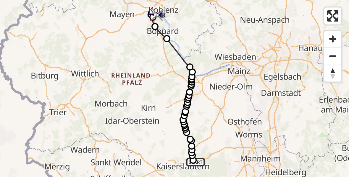 Flugroute Polizeihubschrauber Enkenbach-Alsenborn - Koblenz-Winningen Flugplatz, 24 August 2026, 17:13