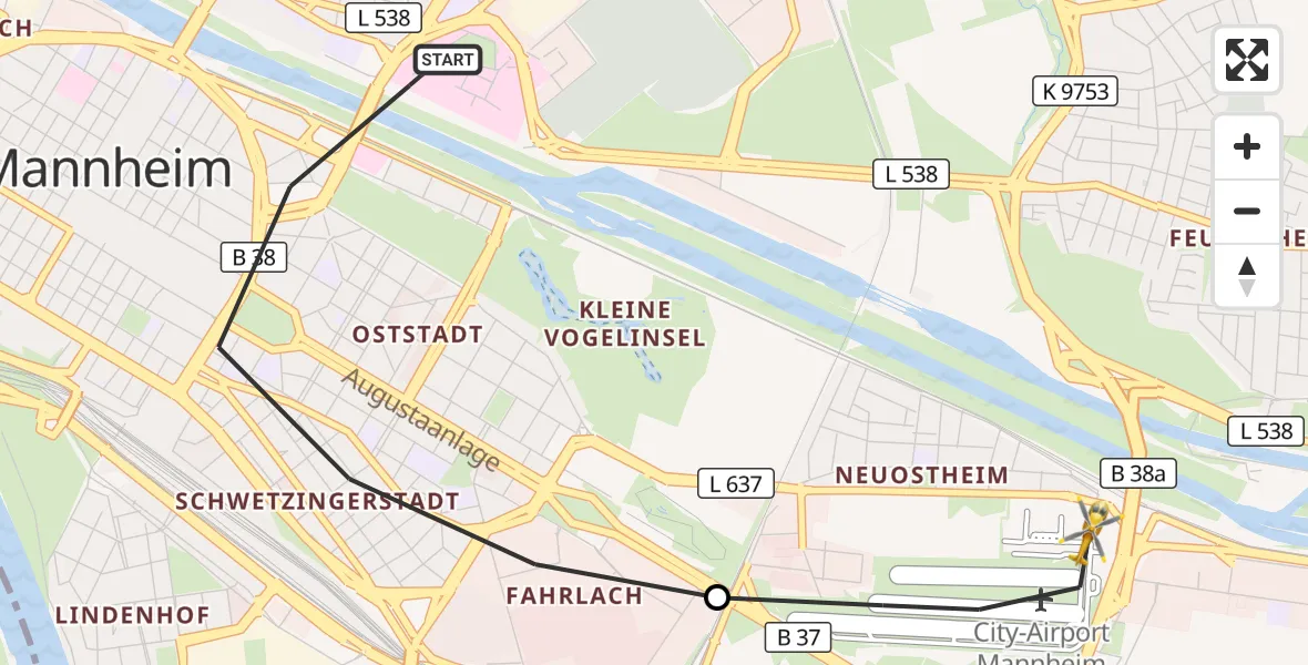 Flugroute Rettungshubschrauber Mannheim - Mannheim-City Flughafen, 24 August 2026, 17:14
