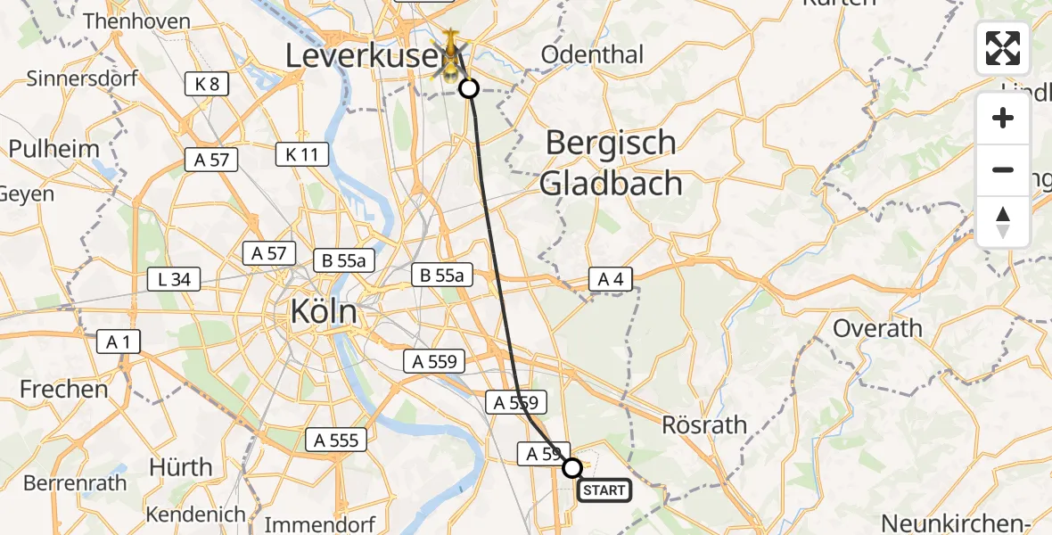 Flugroute Ambulanzhubschrauber Köln Bonn Flughafen - Leverkusen, 24 August 2026, 17:22