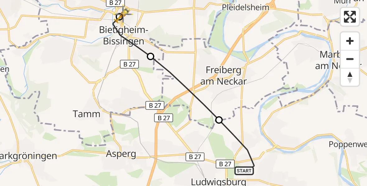 Flugroute Rettungshubschrauber Ludwigsburg - Bietigheim Hospital, 24 August 2026, 17:23