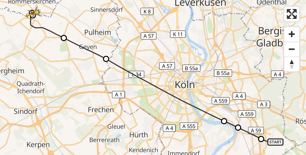 Flugroute Rettungshubschrauber Köln Bonn Flughafen - Rommerskirchen, 24 August 2026, 17:36