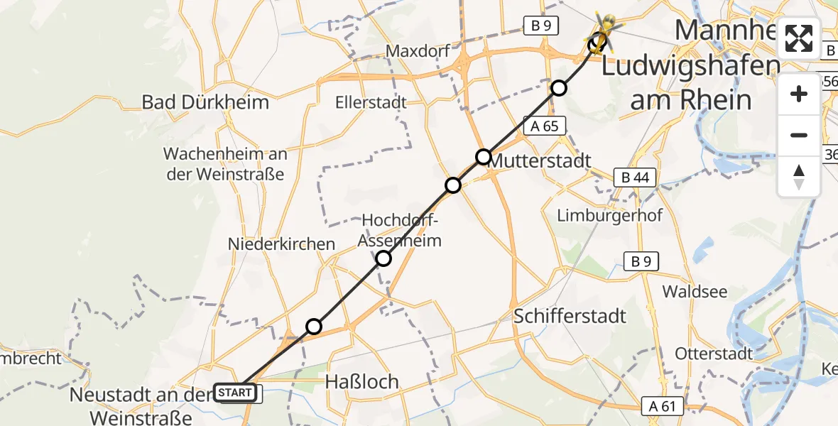 Flugroute Rettungshubschrauber Neustadt an der Weinstraße - Ludwigshafen Accident Hospital, 24 August 2026, 17:36