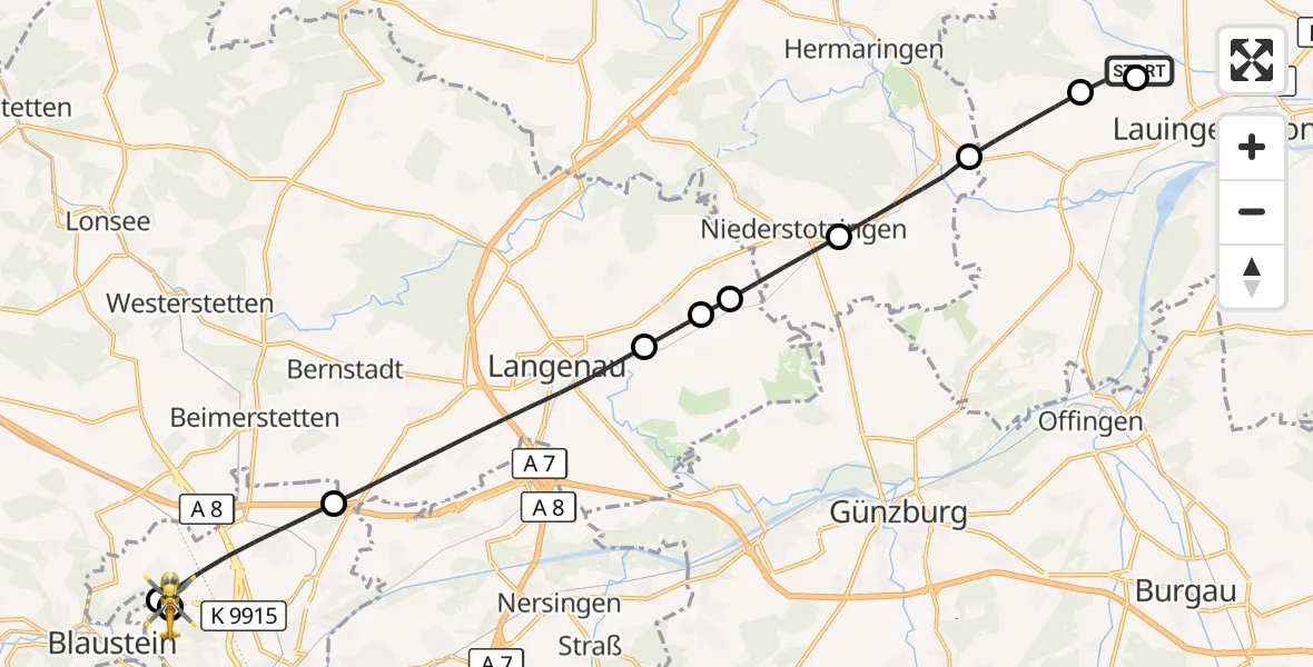 Flugroute Rettungshubschrauber Haunsheim - ADAC Air Rescue Station Ulm (Christoph 22), 24 August 2026, 17:39