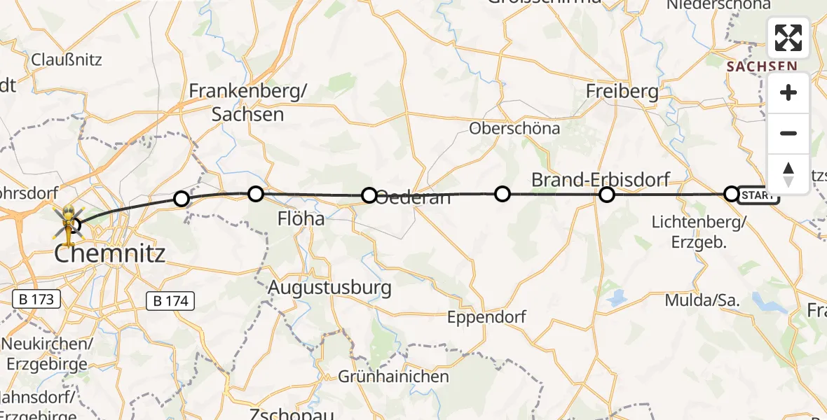 Flugroute Rettungshubschrauber Bobritzsch-Hilbersdorf - Flemmingstraße Hospital Rooftop, 24 August 2026, 17:45