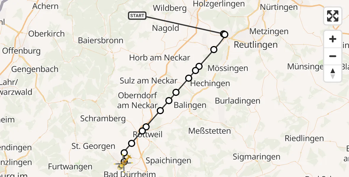 Flugroute Ambulanzhubschrauber Altensteig - DRF Air Rescue Station Villingen-Schwenningen Hubschrauberlandeplatz (Christoph 11), 24 August 2026, 17:47