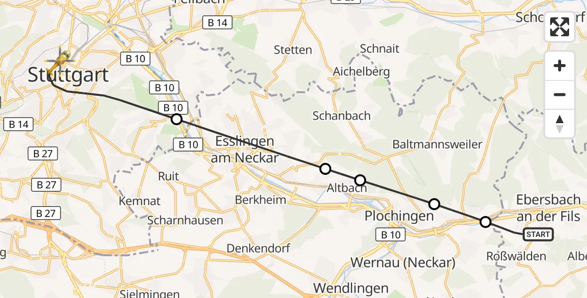 Flugroute Ambulanzhubschrauber Ebersbach an der Fils - Stuttgart, 24 August 2026, 17:48