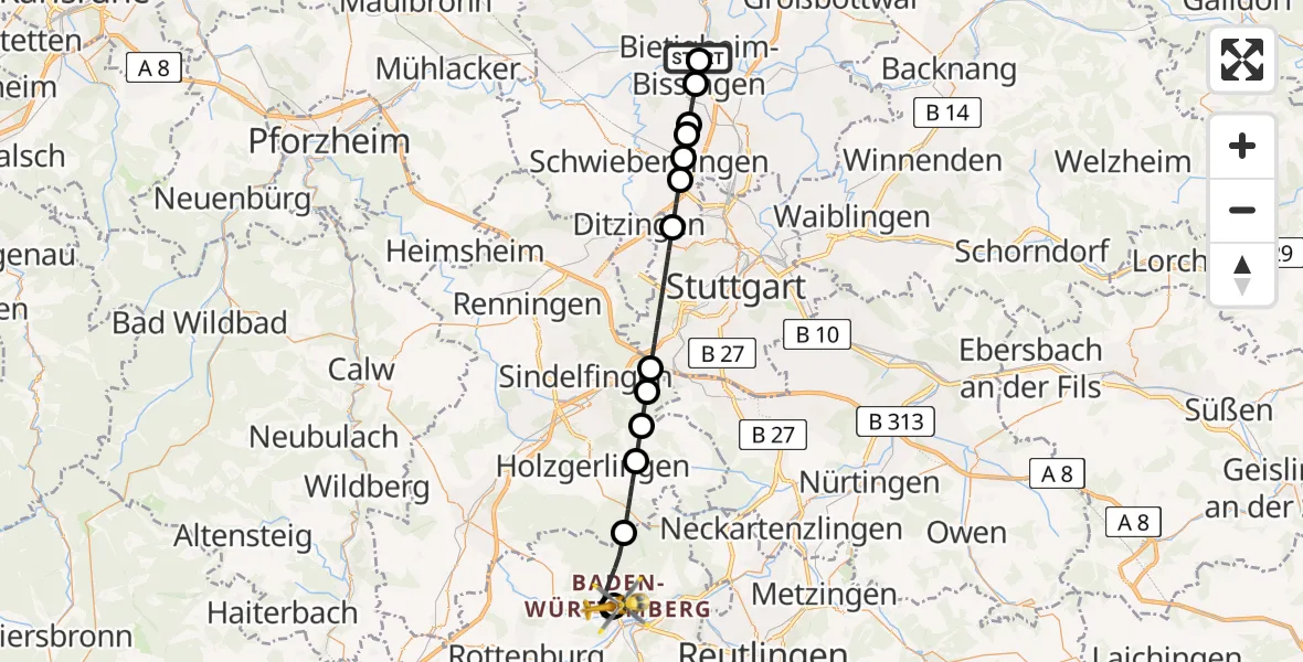 Flugroute Rettungshubschrauber Bietigheim Hospital - Tübingen University Hospital, 24 August 2026, 17:48