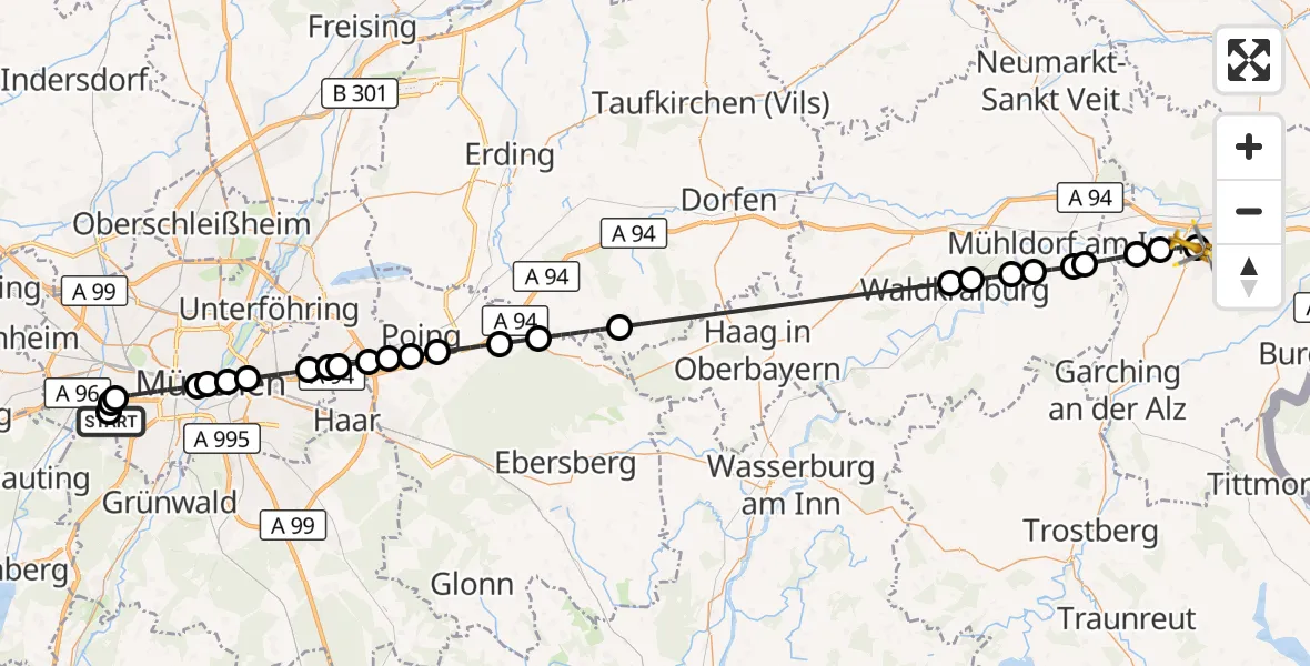 Flugroute Rettungshubschrauber DRF Air Rescue München Hubschrauberlandeplatz - Altötting-Burghausen District Hospital Altötting, 24 August 2026, 17:53