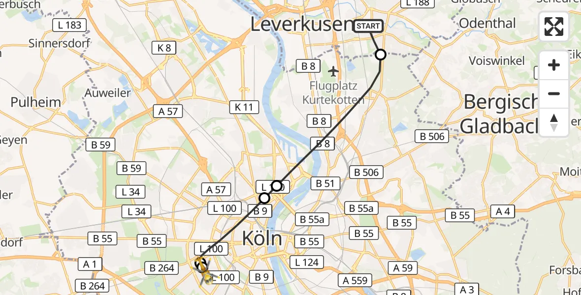 Flugroute Ambulanzhubschrauber Leverkusen - Köln University Hospital, 24 August 2026, 18:00