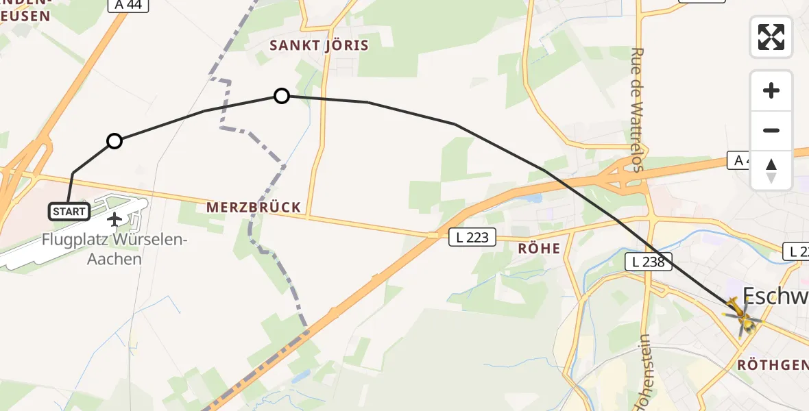 Flugroute Rettungshubschrauber Aachen-Merzbrück Flughafen - Eschweiler, 24 August 2026, 18:03