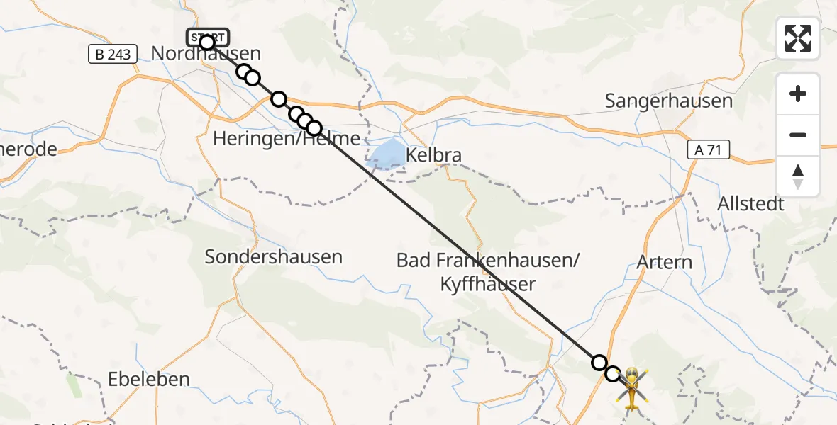Flugroute Rettungshubschrauber Südharz Hospital Nordhausen - Oberheldrungen, 24 August 2026, 18:03