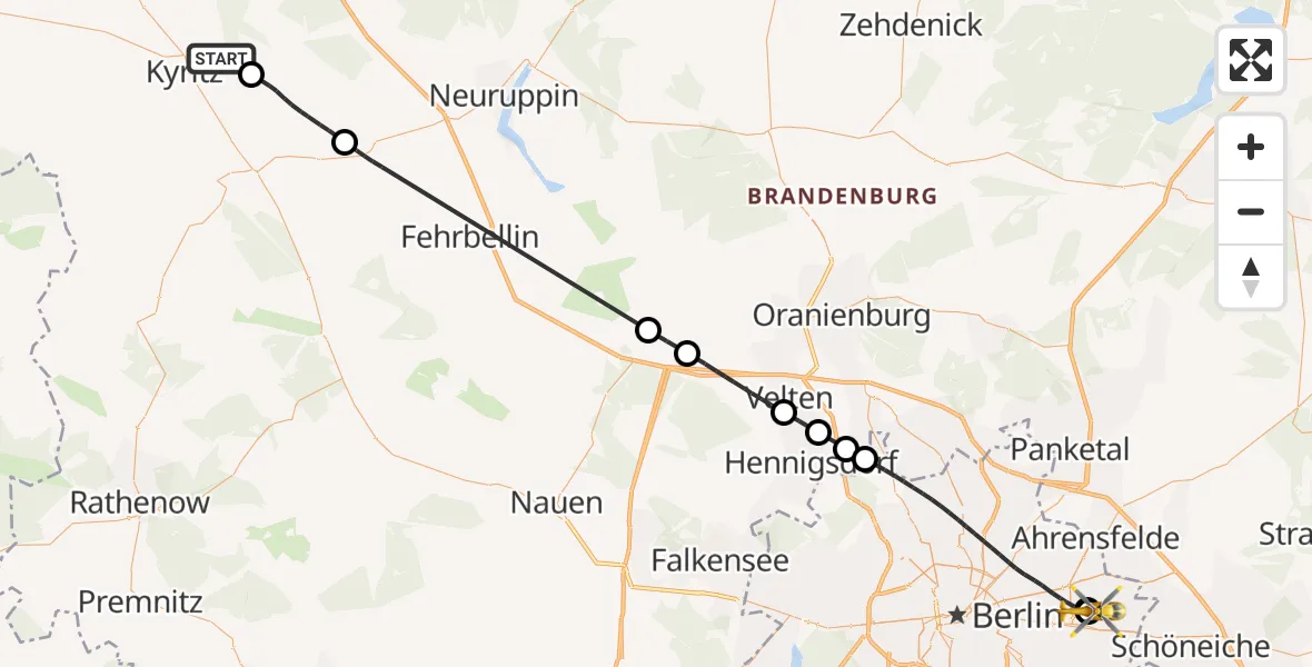 Flugroute Rettungshubschrauber Kyritz - Berlin Emergency Hospital, 24 August 2026, 18:03