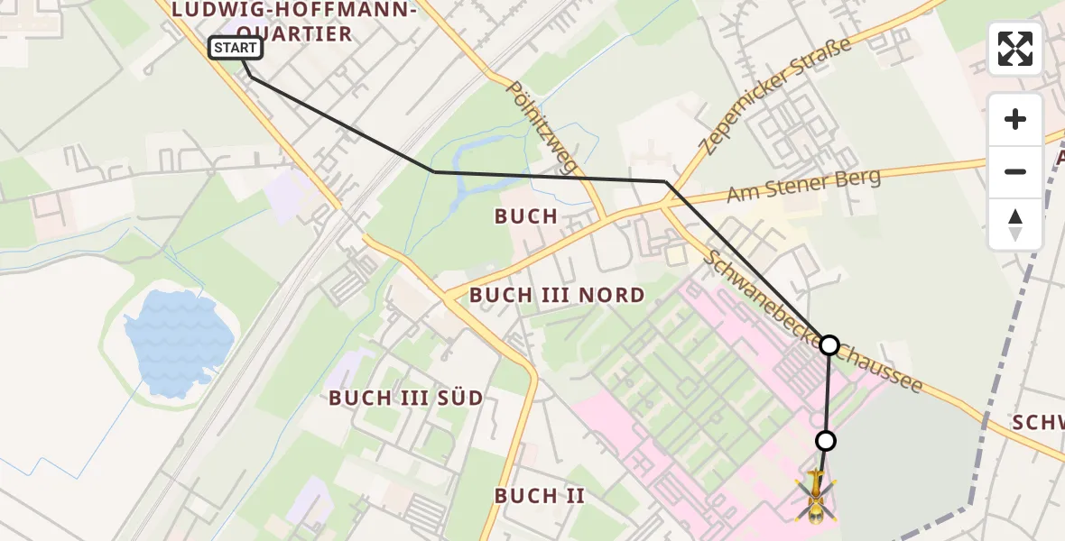 Flugroute Rettungshubschrauber Berlin - Helios Clinic Berlin-Buch, 24 August 2026, 18:20