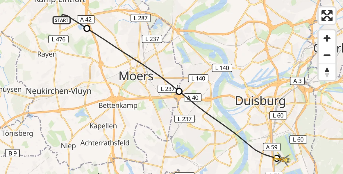 Flugroute Rettungshubschrauber Kamp-Lintfort - Sana Clinic Duisburg Hubschrauberlandeplatz, 24 August 2026, 18:21