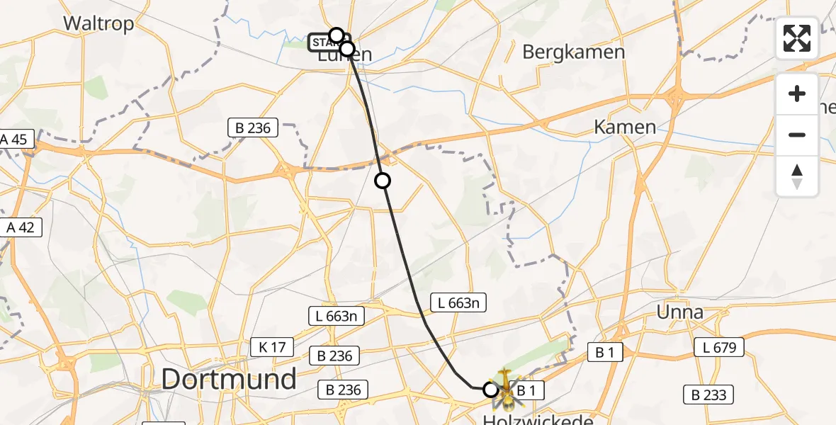 Flugroute Rettungshubschrauber Sankt Marien Hospital - Dortmund Flughafen, 24 August 2026, 18:24